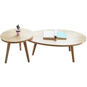 Prachtige 2PCS salontafel pak, woonkamer midden van de eeuw druppelvormige tafel+ronde tafel, moderne vrije tijd theetafel, massief houten tafelpoot slaapkamer vrijetijdstafel (Kleur: Houtkleur)
