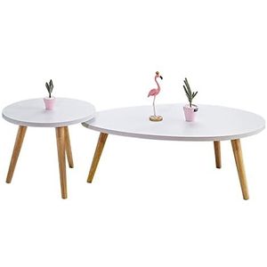 Prachtige 2PCS salontafel pak, woonkamer midden van de eeuw druppelvormige tafel+ronde tafel, moderne vrije tijd theetafel, massief houten tafelpoot slaapkamer vrijetijdstafel (Color : White)