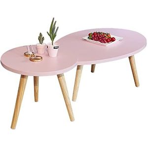 Prachtige 2PCS salontafel pak, woonkamer midden van de eeuw traanvormige tafel+ronde tafel, moderne vrije tijd theetafel, massief houten tafelpoot slaapkamer vrijetijdstafel (kleur: roze)