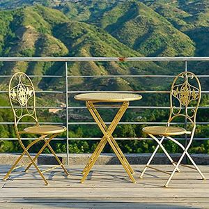 Prachtige klaptafels en stoelen (1 tafel + 2 stoelen), Scandinavische buitensalontafel, eenvoudig huis balkon/terras/tuin draagbare ijzeren kunst kleine ronde tafel (kleur: geel)