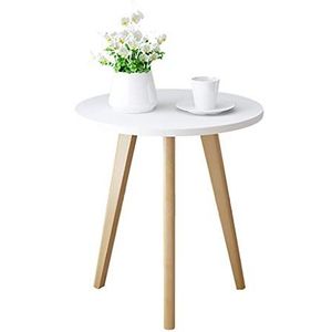 Prachtige salontafel, wit tafelblad + kleine ronde tafel met houten poten, eenvoudige moderne slaapkamer/balkon vrijetijdstafel, thuisbijzettafel/mini-nachtkastje (afmetingen: 48,5 x 70 cm)