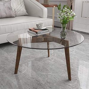 Prachtige ronde salontafel, 8 mm versterkt glazen aanrecht, massief houten bruine beugel, lage tafel in de woonkamer en slaapkamer (afmetingen: 60X45CM)