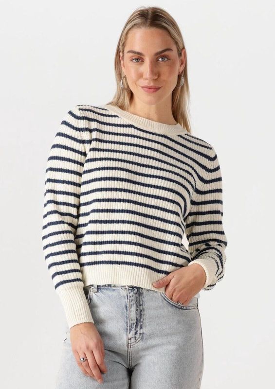 Lollys Laundry - Gestreept Gebreide Jumper - Dames - Beige - Ronde Hals, Lange Mouwen, Losvallend