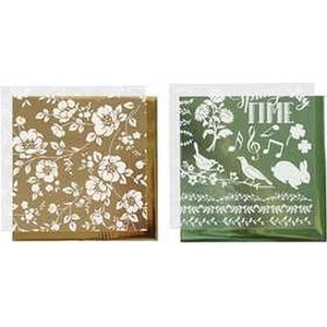 Deco folie en transfervel, vel 15x15 cm, groen, goud, bloemen, 2x2vellen