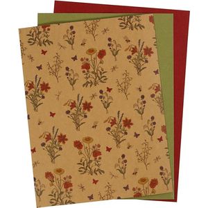 Faux Leather Papier, vel 21x27,5+21x28,5+21x29,5 cm, dikte 0,55 mm, 3 vellen, groen, naturel, rood