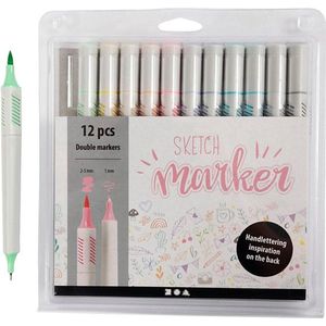 Creativ Company Sketch marker, pastelkleuren, stift lijndikte 1+2-5 mm, 12 stuk/ 1 doos