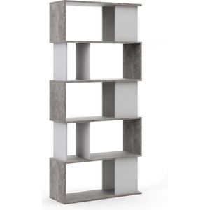 Magda wandkast boekenkast met 5 legplanken, betondecor/wit.