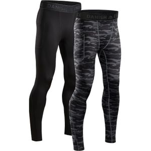 DANISH ENDURANCE Compressiebroek - Heren - Basislaag voor Trainen - Set van 2 - Zwart en Grijs Camo - XL