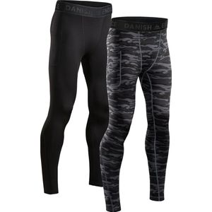 DANISH ENDURANCE Compressiebroek - Heren - Basislaag - Set van 2 - Zwart en Grijs Camo