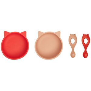 Liewood - Evan - Servies - Cat apple red/tuscany rose mix - 2 Iggy kommen en 2 Liva lepels