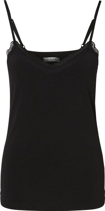 Pieces - Lace Singlet Kate - Kanten Dames Onderhemd - Zwart - Microfiber
