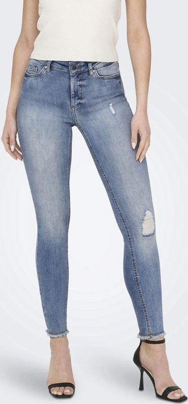 Jeans - Skinny Fit - Mid Waist - Gescheurde Zomen - Blauw - Katoen