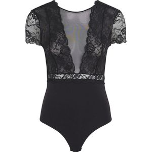 Bodystockings - Black - Kant - Knoopsluiting - Ronde Hals - Korte Mouwen