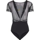 Bodystockings - Black - Kant - Knoopsluiting - Ronde Hals - Korte Mouwen