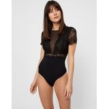 Bodystockings - Black - Kant - Knoopsluiting - Ronde Hals - Korte Mouwen