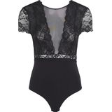 Bodystockings - Black - Kant - Knoopsluiting - Ronde Hals - Korte Mouwen