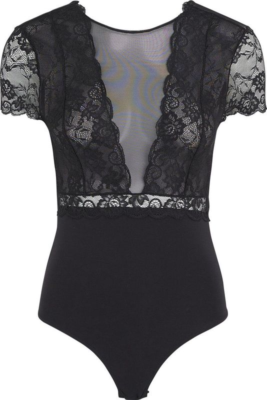 Bodystockings - Black - Kant - Knoopsluiting - Ronde Hals - Korte Mouwen