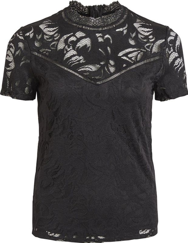 VILA Kanten Top - Hoge Hals - Blinde Rits - Aansluitend - Zwart