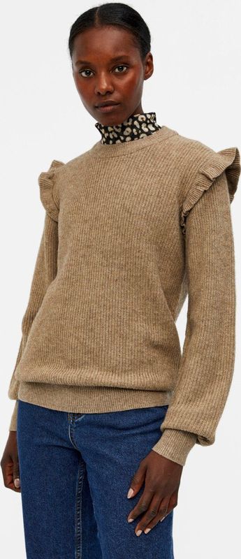 Object - Objmalena L/S Ruffle Pullover - Gebreide Trui - Fossil - Lange Mouwen