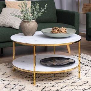 Salontafel Felien Dubbel Glas Wit/Goud Ø80cm - Giga Living