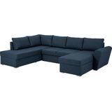 Stan slaapbank, hoek links met chaise longue rechts, in blauw.