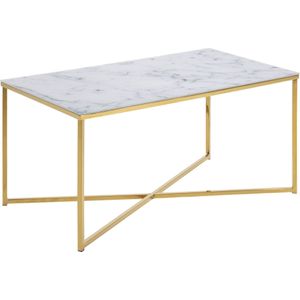 AC Design Furniture Antje Rechthoekige salontafel van glas met marmerlook in wit en gekruiste verchroomde sokkel in goudkleur, B: 90 x H: 45 x D: 50 cm, woonkamertafel wit en goud
