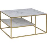 AC Design Furniture Antje Rechthoekige salontafel met 1 plank van glas met marmerlook in wit en gekruiste verchroomde sokkel in goudkleur, W: 90 x H: 45 x D: 60 cm, woonkamertafel wit