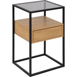 AC Design Furniture Radek vierkant nachtkastje met een lade, twee planken, glasplaat en houten lade, zwart metalen frame met gemakkelijk toegankelijke lade, veelzijdig nachtkastje