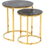 AC Design Furniture Antje Set van 2 glazen tafels, rond met gouden frame, tafelblad in zwarte marmerlook, zwarte glazen bijzettafel, woonkamer, salontafel, glas