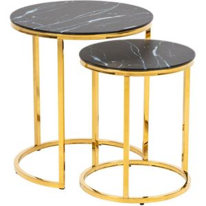 AC Design Furniture Antje Set van 2 ronde glazen tafels met gouden structuur - zwart marmer tafelblad - salontafel van zwart glas