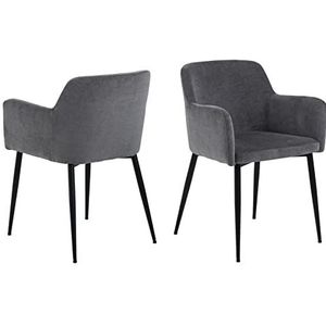 AC Design Furniture Karla Eetkamerstoelen met rugleuning, set van 2, gevoerde eetkamerstoel in moderne stijl, donkergrijze gevoerde stoffen zitting met zwarte metalen poten, bureaustoel zonder wielen