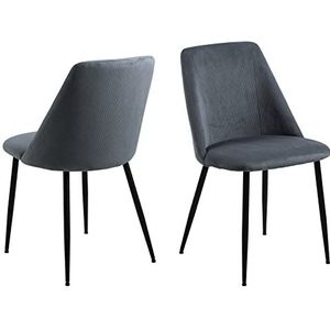 AC Furniture Design Inger gevoerde corduroy-eetkamerstoel met rugleuning, set van 4, moderne grijze kleur, gebogen zitting met bekleding, zwarte metalen poten, eenvoudig design, eetkamer, thuiskantoor
