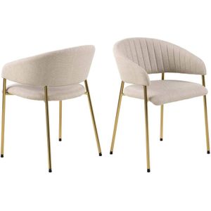 AC Design Furniture Anna Set van 2 eetkamerstoelen met armleuningen, zacht beige met gouden metalen poten