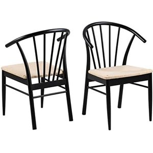 AC Design Furniture Kenna Eetkamerstoel met rugleuning, set van 2, gevlochten papier in Scandinavische stijl en mat zwart eiken, keukenset, eetkamer of accentstoel