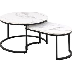 AC Design Furniture Spencer Set van 2 salontafels, rond, voor woonkamer, salontafels, wit, marmerlook met zwart metalen frame