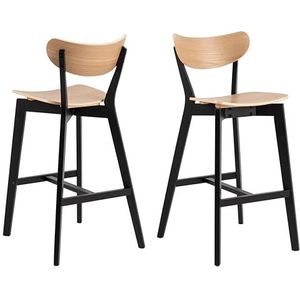 AC Design Furniture Roxanne Set van 2 barkrukken met zitting van eikenfineer en zwarte houten poten, hoge stoel in retrostijl, moderne retrostijl, barmeubels, keukenmeubels, L 45 x H 105 x D