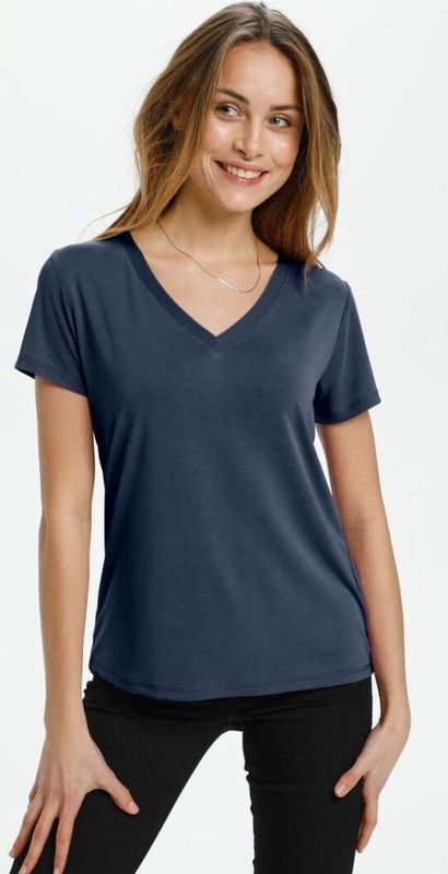 T-shirt - Effen - Jersey - V-hals - Kwartmouw - Normale Pasvorm