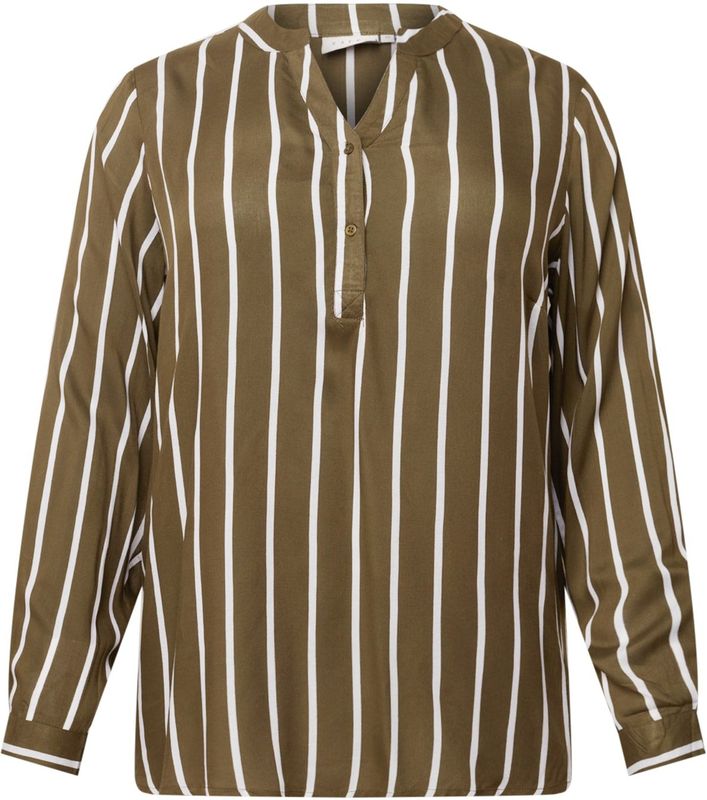 KAFFE - CURVE - Blouse - Kaki/Wit - Wijde Blouse met Tuniek Kraag