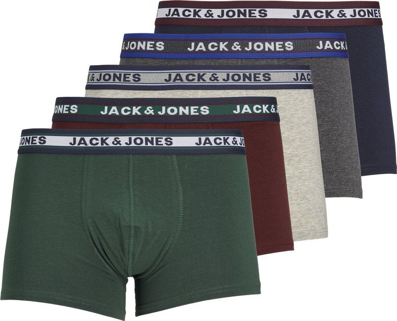 JACK & JONES Jacoliver trunks (5-pack), heren boxers normale lengte, zwart, groen, grijs, donkerrood en blauw