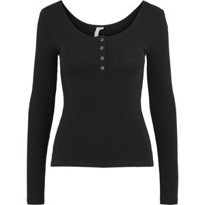 PIECES - T-shirt - Zwart - Lange Mouwen - Geribbeld Effect - Katoen