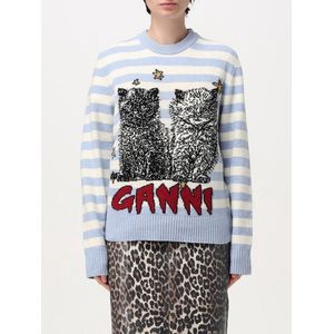 Ganni - Gestreepte Kat Grafische Crewneck Sweater - Blauw - Wol