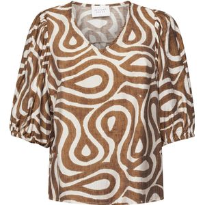 SISTERS POINT - Ventia-v.ms2 - Blouse - Bruin/Wit - Korte Mouwen, V-hals, Pofmouwen