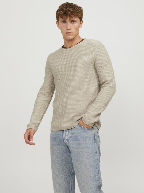 JACK & JONES Carlos knit crew neck slim fit, heren pullover katoenmengsel met O-hals, beige melange