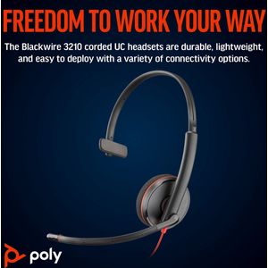 Poly Blackwire 3210 Monaural USB-C Headset +USB-C/A Adapter Bedraad Hoofdband Kantoor/callcenter USB Type-C Zwart