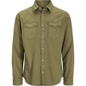 Olijfgroen Overhemd - Lange Mouwen - 100% Katoen - Borstzakken - Drukknopen
