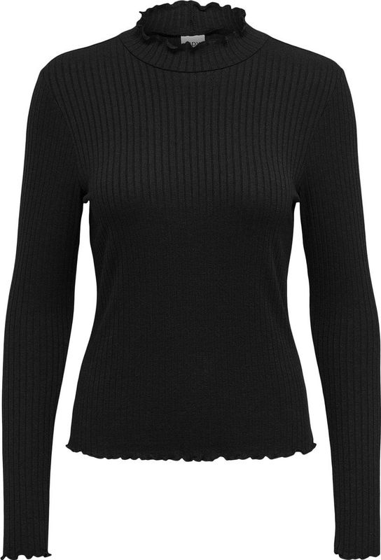 JDY - Top - Zwart - Ribstof - Hoge Hals, Lange Mouwen, Ruches