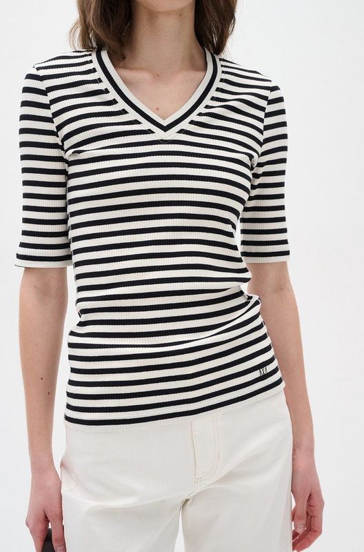 InWear - Gestreept V-hals T-shirt - Zwart/Wit - Dames