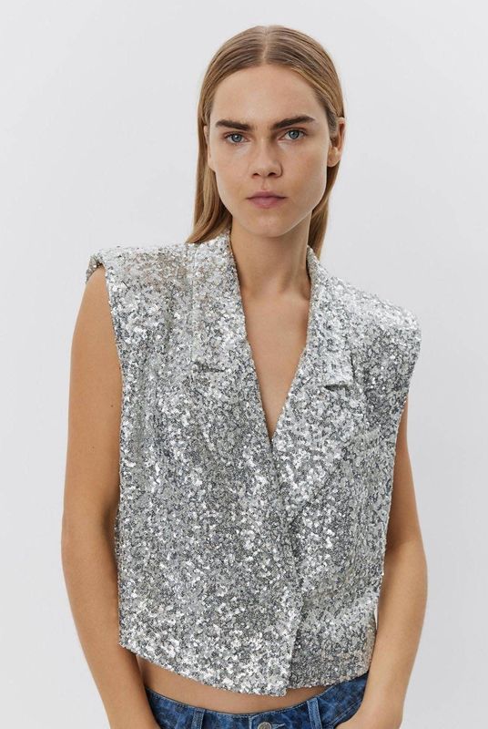 Sofie Schnoor - Mouwloos Damesjack - Blazer - Zilver - Pailletten