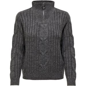 Pullovers - Donkergrijs Melange - Hoog Sluiten Kraag - Lange Mouwen - Gebreide Boord
