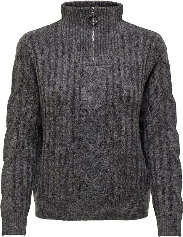 Pullovers - Donkergrijs Melange - Hoog Sluiten Kraag - Lange Mouwen - Gebreide Boord